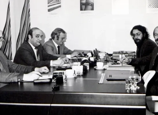 Daniël Le Bon en Walter van den Broeck bij Wim Zwijsen van het Nationaal Christelijk Middenstandsverbond Turnhout Daniël Le Bon en Walter van den Broeck bij Wim Zwijsen van het Nationaal Christelijk Middenstandsverbond Turnhout