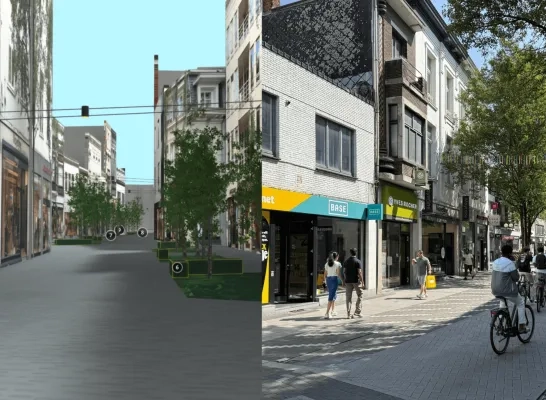 Links: Gasthuisstraat nu / Rechts: 3D-afbeelding Gasthuisstraat Links: Gasthuisstraat nu / Rechts: 3D-afbeelding Gasthuisstraat
