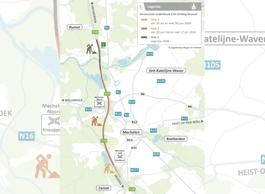 Faseringsplan van de onderhoudswerken op de E19 richting Brussel. © AWV