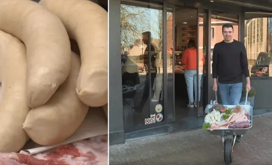 Kruiwagens vol vlees bij slagerij in Olen