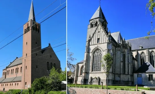 De Onze-Lieve-Vrouwe Koningin van de Vredekerk (links op de foto) krijgt een andere invulling na meer dan tachtig jaar. De kerkfabriek gaat verder in de Sint-Lambertuskerk (rechts op de foto).