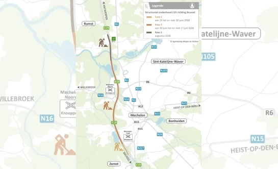 Faseringsplan van de onderhoudswerken op de E19 richting Brussel. © AWV