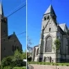 De Onze-Lieve-Vrouwe Koningin van de Vredekerk (links op de foto) krijgt een andere invulling na meer dan tachtig jaar. De kerkfabriek gaat verder in de Sint-Lambertuskerk (rechts op de foto).